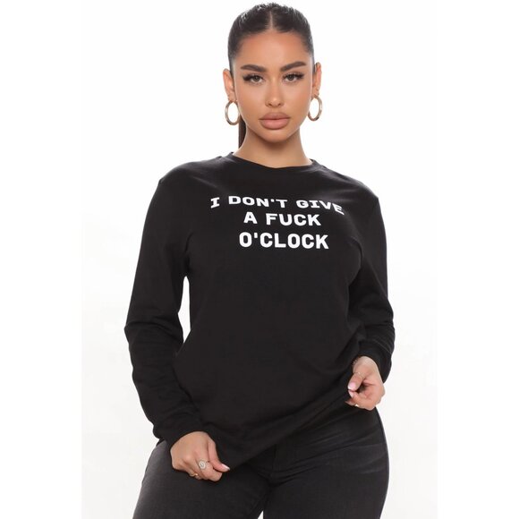 Fashion Nova ✦ IDGAF O’Clock Long Sleeve Top ✦ Black White Graphic Crew Neck - Picture 2 of 4